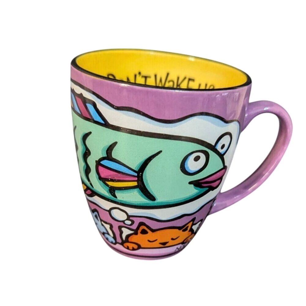 House Kats Mug By Nolan Colorful‎ Fish & Cats Design "Dont Wake Us!" Pink Yellow